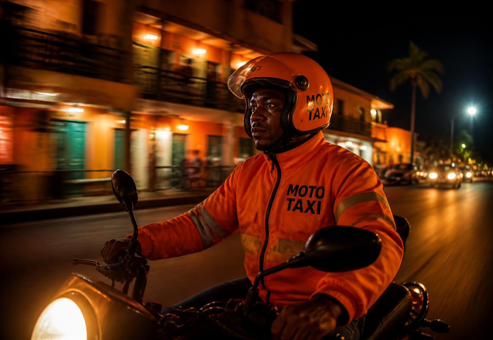 Conductor de moto-taxi de Haidi Ride circulando de noche por la ciudad